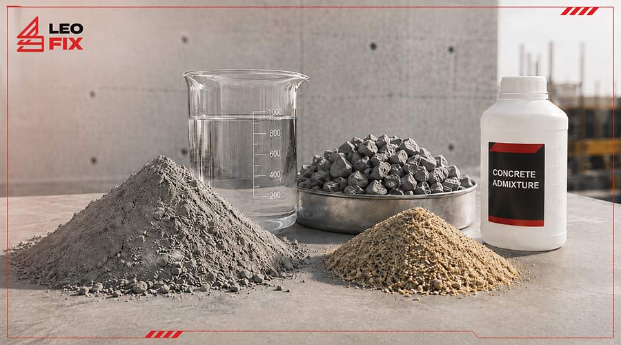 اجزای مورد استفاده در طرح اختلاط بتن شامل سیمان، آب، سنگدانه و افزودنی بتن