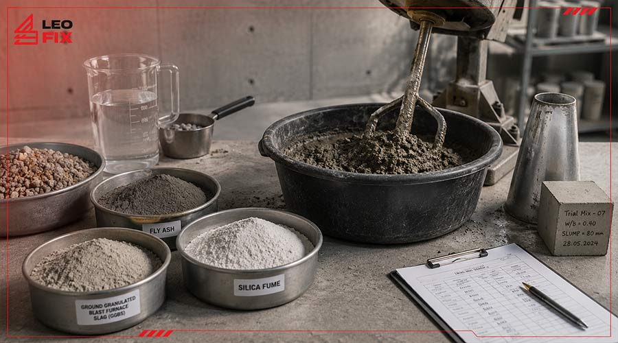 ساخت مخلوط آزمایشی بتن حاوی مواد سیمانی مکمل